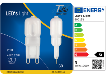 1 STÜCK (VPE) SHADA LED Stiftsockellampe G9, 200lm, 2,5 Watt, Warmweiss 3000K, mattiert, EEC: G (600151)